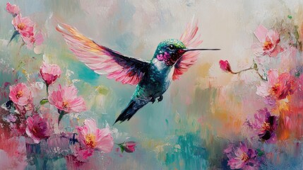 Hummingbird in flight among pink blossoms, vibrant spring garden, nature artwork, home decor