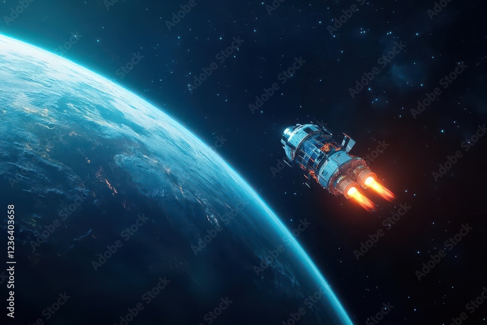 Poster futuristic space station orbiting earth surrounded by striking stars and cosmic wonders in a vast ex