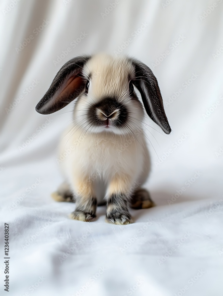 Wall mural Adorable baby rabbit sitting on soft white fabric, looking curiously