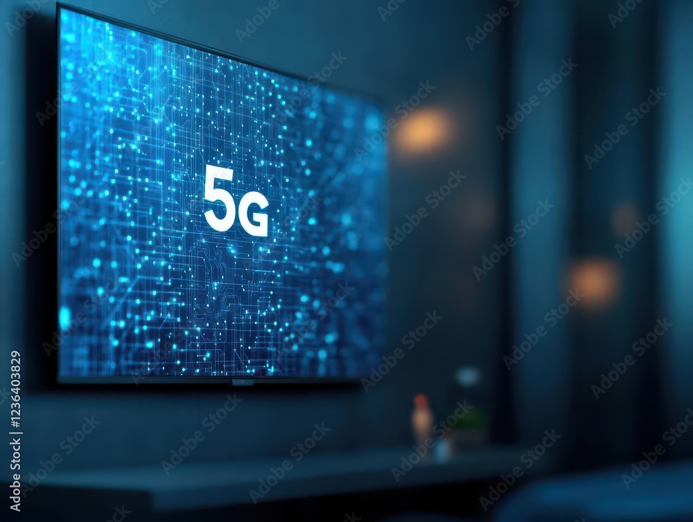 Poster modern television displaying 5g connectivity in a contemporary living room setting with soft ambient