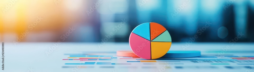 Aufkleber Vibrant Pie Chart Displayed on a Wooden Table Surrounded by Colorful Stationery Creating a Dynamic Visual Representation of Data Analysis and Insights