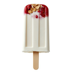 Creamy yogurt popsicle with raspberry swirl and granola topping. PNG, isolated on white/transparent background