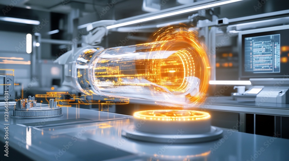 Poster futuristic technology with an orange light core in a laboratory setting showcasing advanced research