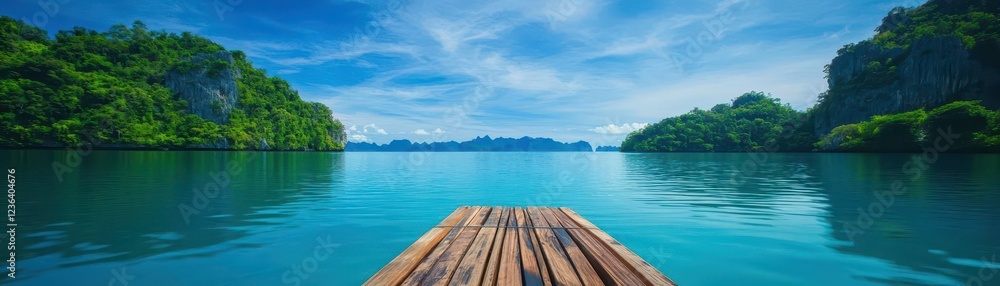 Aufkleber tranquil wooden dock extending into a serene lake surrounded by lush greenery under a clear blue sky