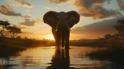 African Elephant Silhouette at Sunset,Majestic elephant walking through shallow water at golden hour,Wildlife photography for nature documentaries, travel brochures, and conservation campaigns