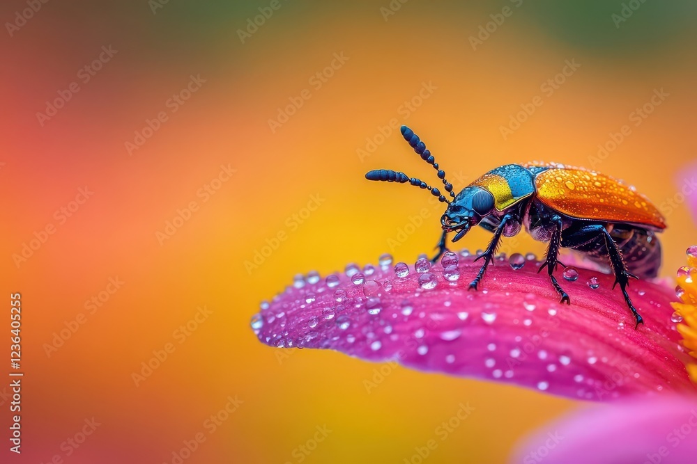 Poster a close-up view of a colorful insect resting on a vibrant flower petal adorned with fresh water drop