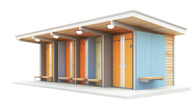 Colorful beach huts with benches offering seaside relaxation and changing facilities on transparent background