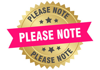 please note. please note round pink and gold label isolated on transparent background