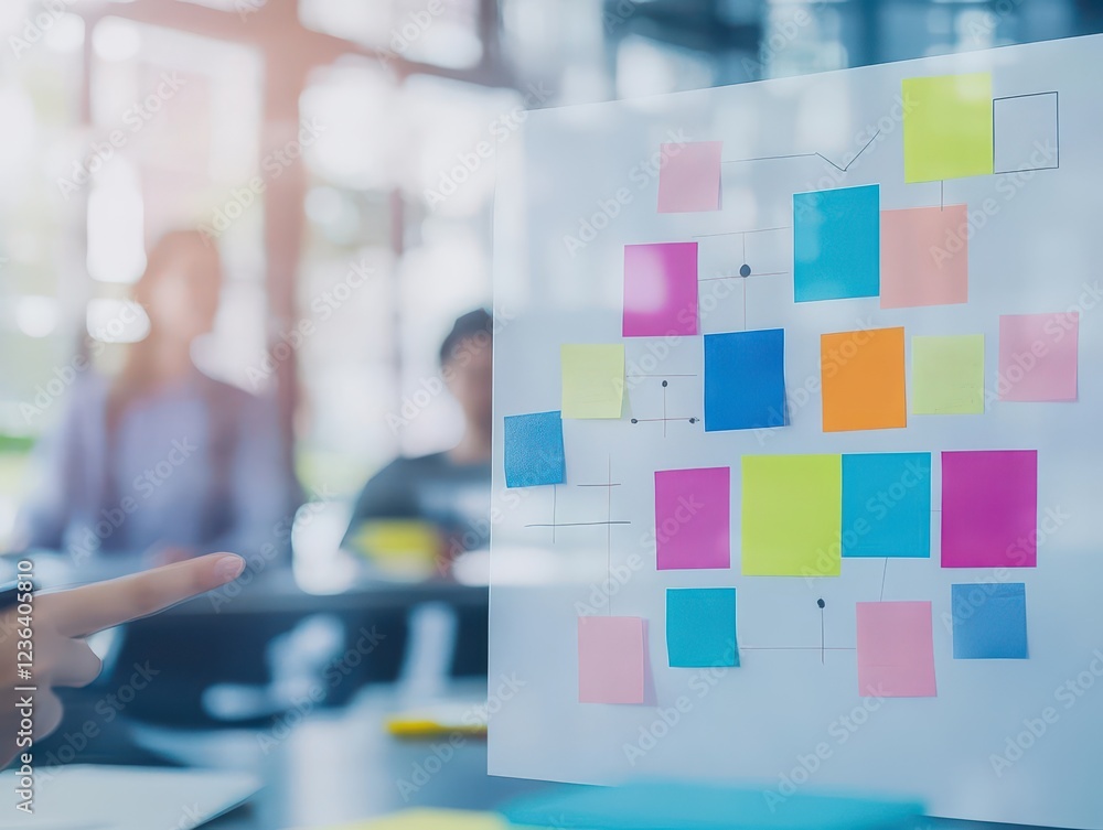 Aufkleber Person Engaged in Creative Brainstorming Session Pointing at Colorful Sticky Notes on a Collaborative Board in a Bright and Inviting Workspace Environment