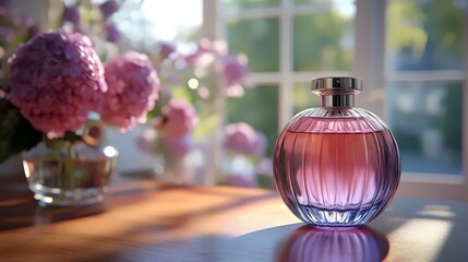 A bottle of perfume sits on a table next to a vase of flowers