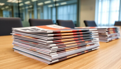 a stack of annual reports neatly arranged on a conference table