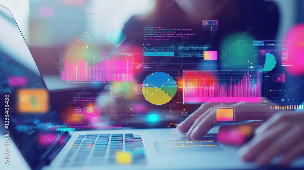 Poster Focused Individual Analyzing Data on Laptop Screen Surrounded by Charts and Graphs in a Modern Workspace Creating an Atmosphere of Productivity