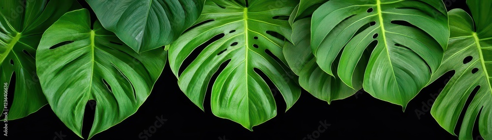 Fototapete vibrant green leaves displaying intricate textures and rich colors against a deep black background c