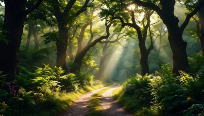 Naklejka premium Sunlit Forest Path Lush Greenery Mystic Oaks Sunlight Beams