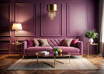 Obraz premium 3D-rendered modern classic design: a plush pink sofa, gleaming gold table, against a dramatic purple backdrop.