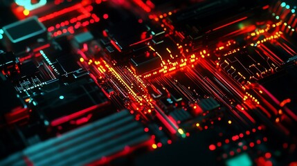 Obraz premium Detailed close-up of a glowing electronic circuit board with red and cyan lighting effects