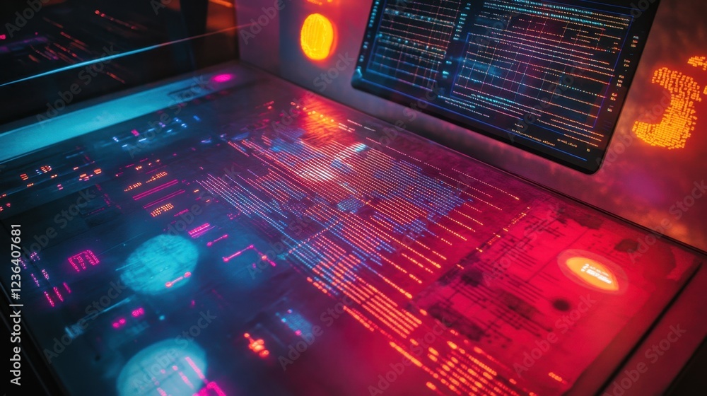 Poster a display of futuristic smart textiles with embedded technology and fabric innovation samples, aeria