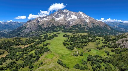 Fototapeta premium Majestic mountain vista, green valley, summer day, travel poster