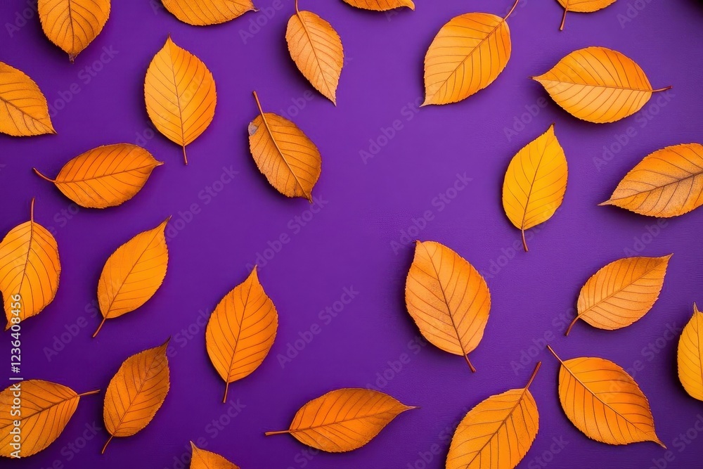Poster vibrant autumn leaves in vivid shades of red and gold against a rich purple background creating a st