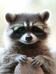 Fototapeta premium A charming raccoon poses with sunglasses against a blurred backdrop.