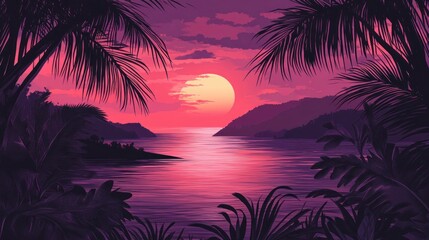 A pink sunset over the ocean, with palm leaves silhouetted against it. The sky is painted in shades of purple and red, creating an otherworldly atmosphere that adds to its beauty.