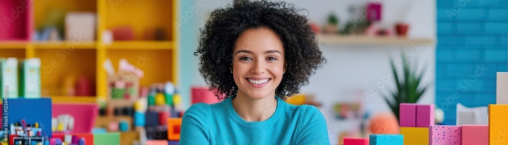 Poster joyful woman smiling brightly in front of colorful collection of books creating a lively and inspiri