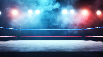 wrestling ring illuminated by blue and red spotlights, surrounded by smoke, creates intense atmosphere for match