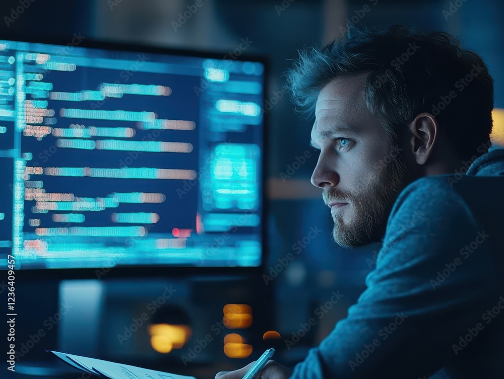 Aufkleber focused professional man working at a modern desk with computer surrounded by organized office suppl