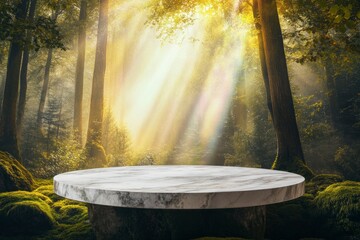 A round marble table with an enchanted forest background. The forest is filled with tall trees, moss-covered rocks, and rays of sunlight filtering through the leaves. 