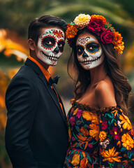 A couple adorned in vibrant costumes and sugar skull makeup for celebration.