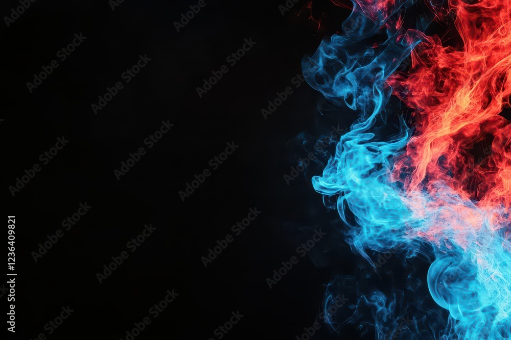 Poster vivid red and blue smoke swirling dramatically against black background creating an enigmatic and ar
