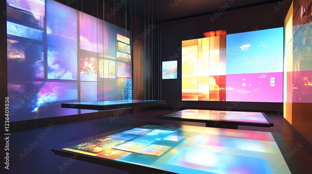 Poster modern digital display room with floating touch tables and large wall screens exhibiting abstract li