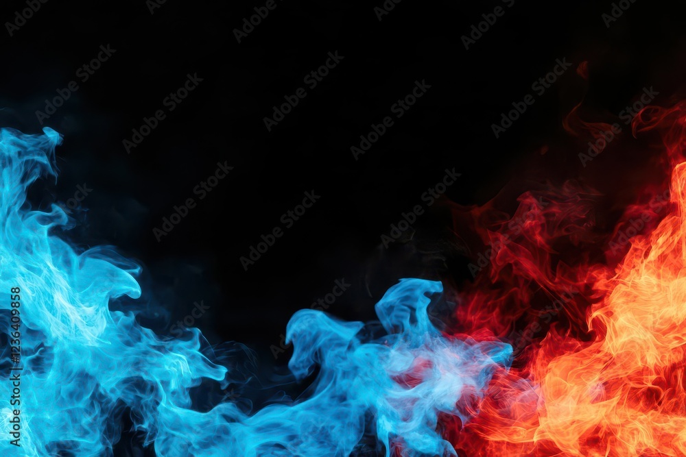 Poster vibrant red and blue smoke billowing against a dark background creating an enigmatic atmosphere perf