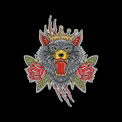 Rose Wolf Illustration In Traditional Tattoo Style
