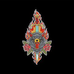 Rose Fire Sword Wolf Illustration In Traditional Tattoo Style