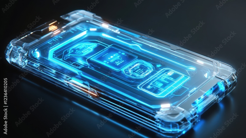 Poster a futuristic smartphone with a transparent display showing a holographic d interface.