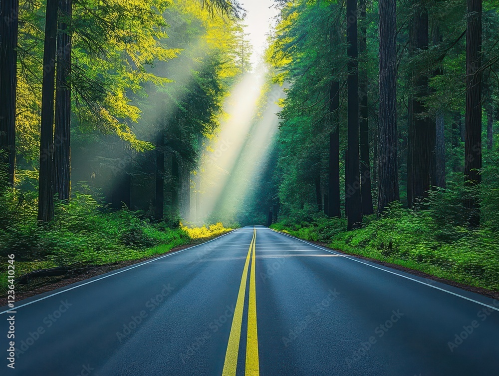 Poster sunlight filtering through lush green trees over a quiet road creating a peaceful nature scene evoki