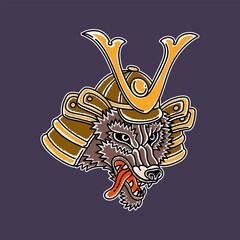 Samurai Wolf Illustration In Traditional Tattoo Style
