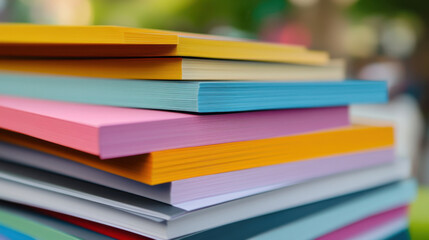 Colorful stack of paper sheets in various shades, ideal for printing and crafting projects. vibrant colors add cheerful touch to any creative endeavor