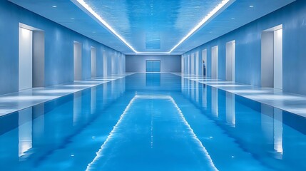 A long, narrow pool with a blue tiled floor