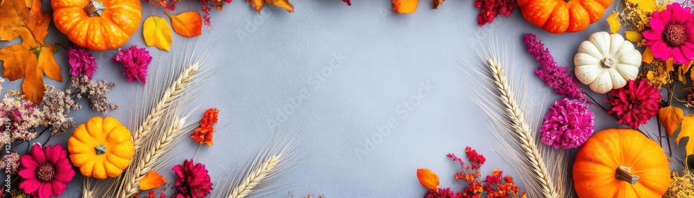 Poster a beautiful frame crafted from vibrant flowers and golden wheat capturing the essence of nature's bo