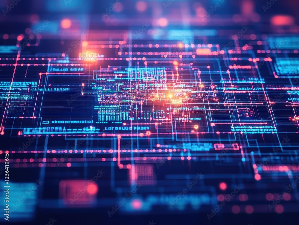 Poster vibrant blue and pink circuit board featuring intricate design elements and a central circuit compon