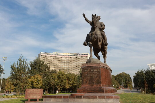 Tashkent, Uzbekistan - October 1 2024: statue of Timur on houseback at amir timur square. one of landmark 