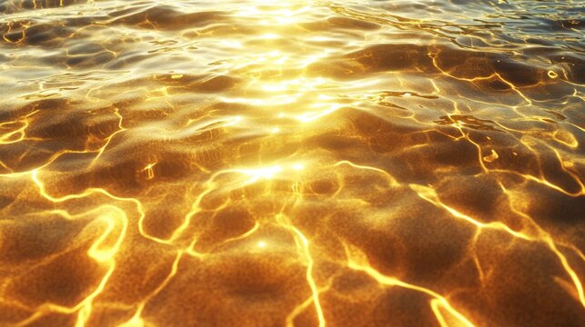 A golden sandy beach with gentle waves creating ripples on the shore, top-down view.
