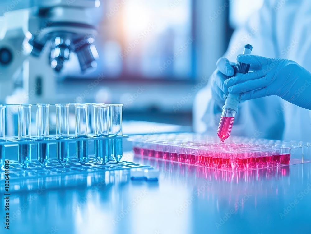 Poster dedicated scientist conducting experiments in a modern laboratory surrounded by advanced equipment a