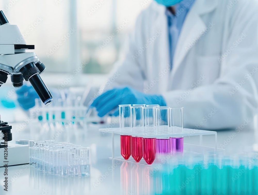 Leinwandbilder Focused Scientist Conducting Experiments in Modern Laboratory with Advanced Equipment Surrounded by Glassware and Scientific Instruments Creating Innovation