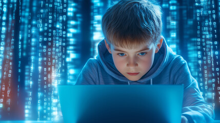 A young boy is intently working on a laptop, immersed in a digital world filled with glowing binary data. The setting creates a sense of advanced technology and curiosity