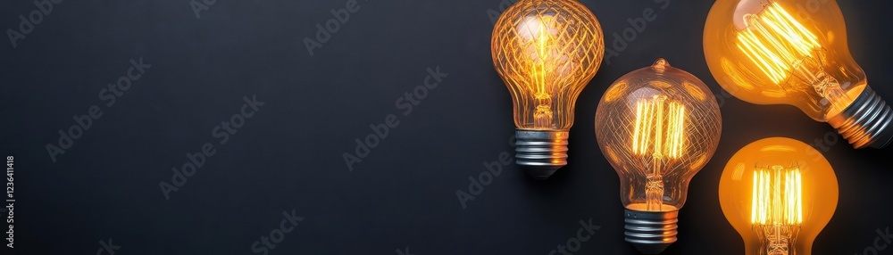 Aufkleber Three Vintage Light Bulbs Illuminating a Dark Space with a Warm Glow Creating an Artistic and Atmospheric Mood in a Minimalist Composition
