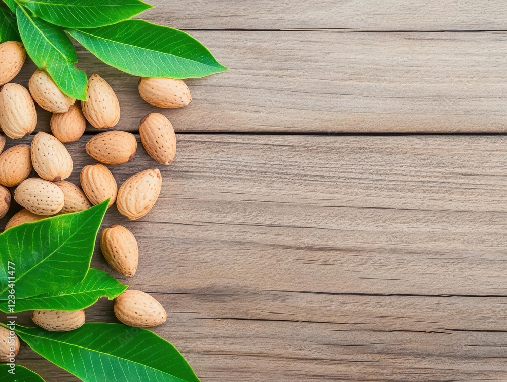Poster close up of raw peanuts spread across a rustic wooden surface highlighting natural textures and eart
