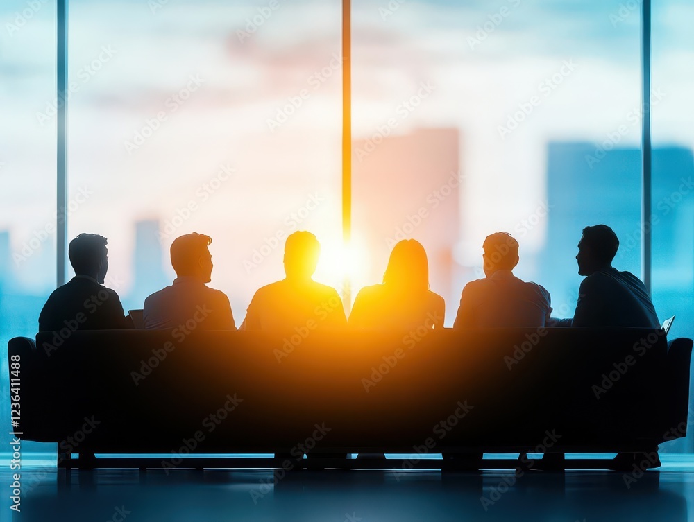 Poster silhouette of business professionals engaged in discussion on couch in modern office setting conveyi